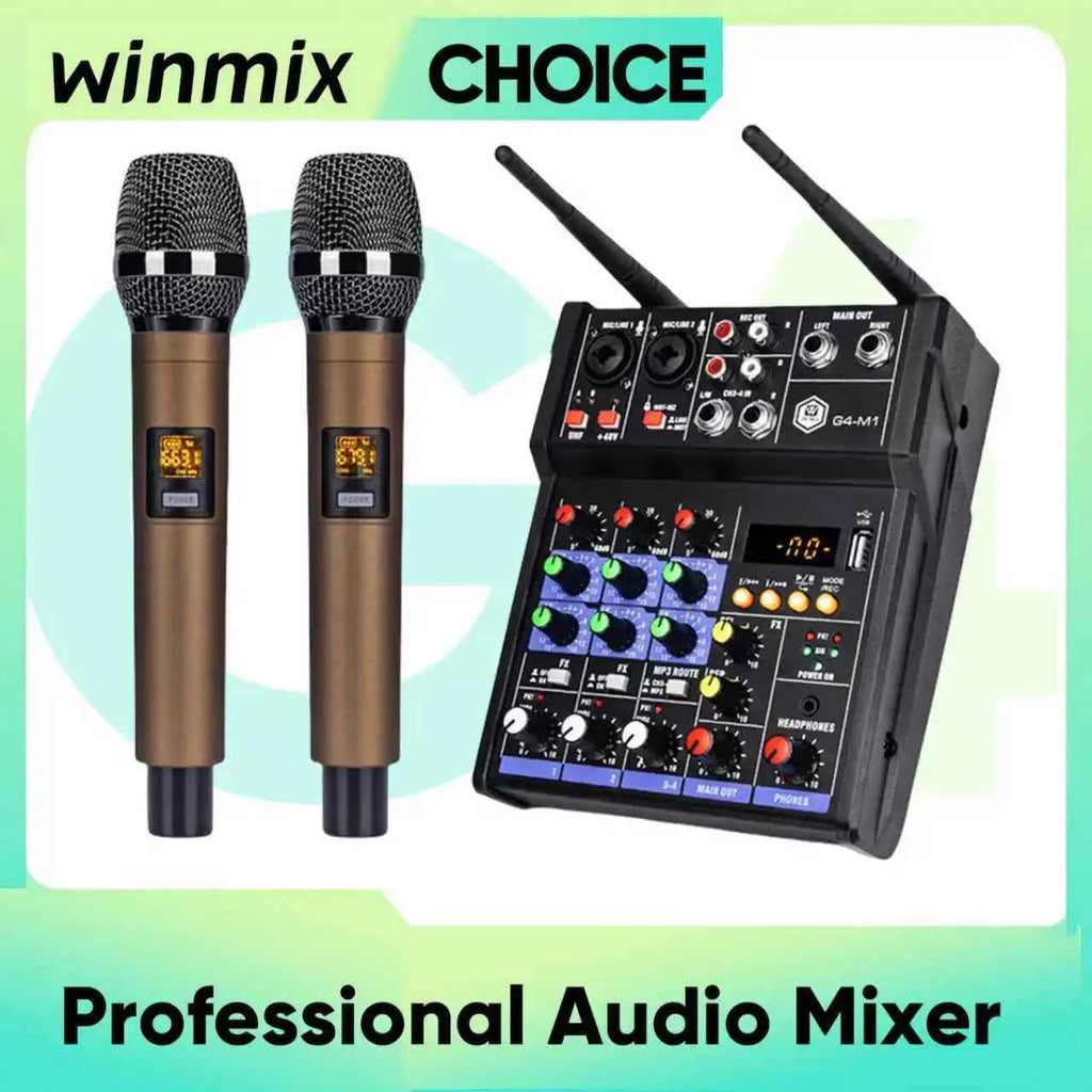 Winmix 4-Channel Audio Mixer Console with UHF Wireless Microphone Kit Bluetooth USB Audio Interface,for DJ Karaoke PC Guitar - THE JIMMY STORE