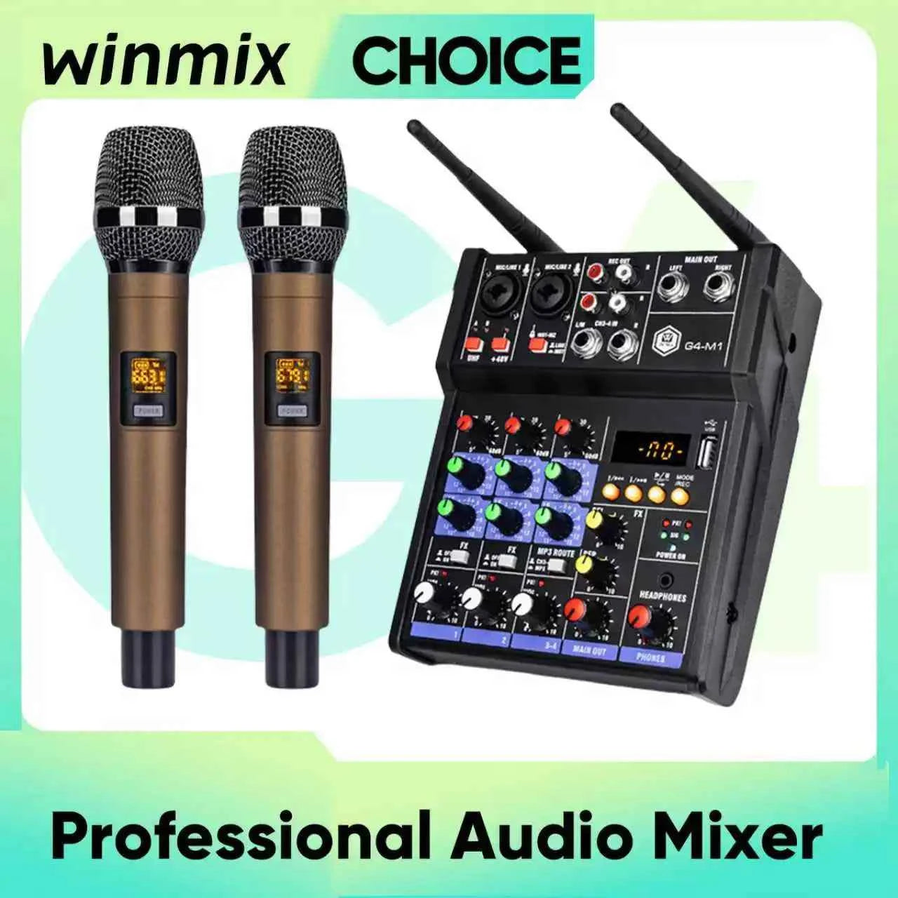 Winmix 4-Channel Audio Mixer Console with UHF Wireless Microphone Kit Bluetooth USB Audio Interface,for DJ Karaoke PC Guitar - THE JIMMY STORE