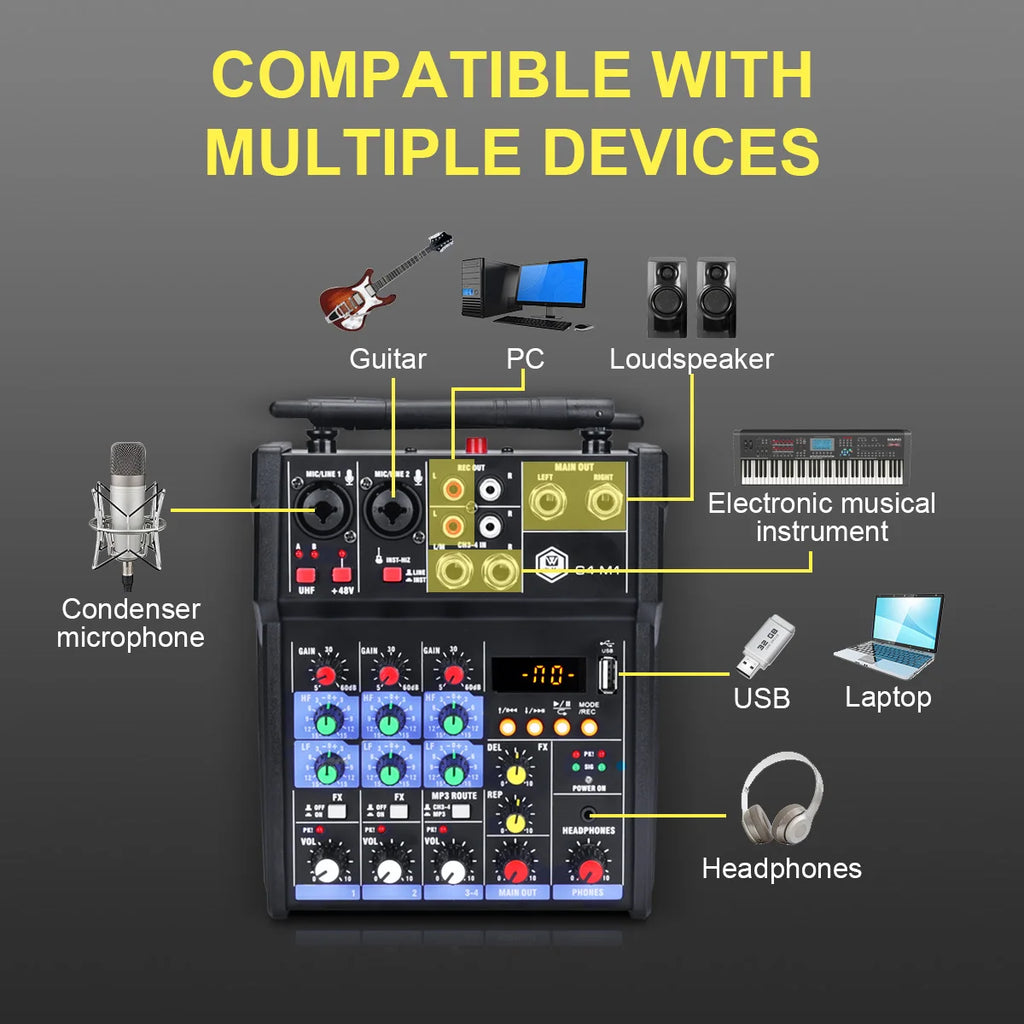 Winmix 4-Channel Audio Mixer Console with UHF Wireless Microphone Kit Bluetooth USB Audio Interface,for DJ Karaoke PC Guitar - THE JIMMY STORE