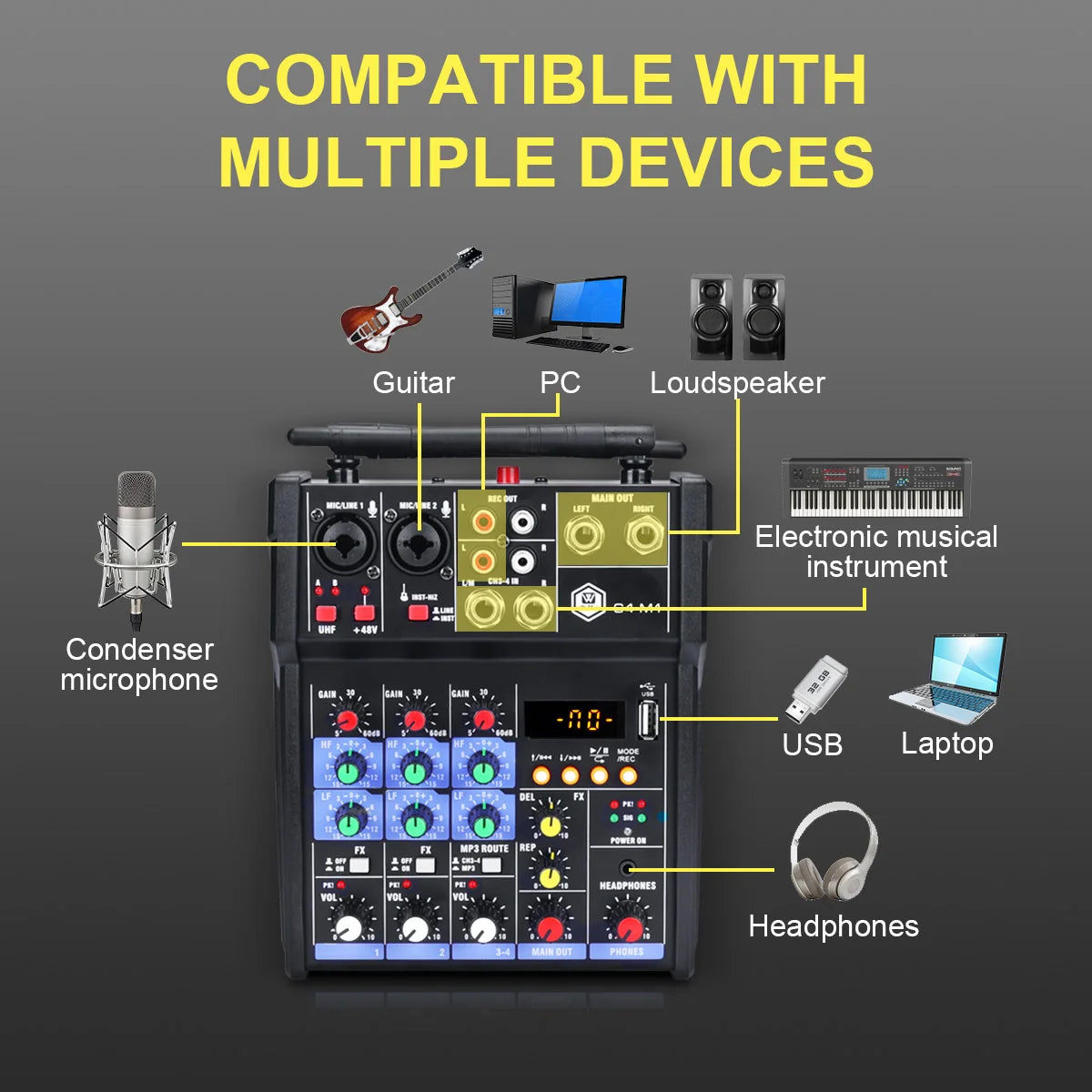 Winmix 4-Channel Audio Mixer Console with UHF Wireless Microphone Kit Bluetooth USB Audio Interface,for DJ Karaoke PC Guitar - THE JIMMY STORE