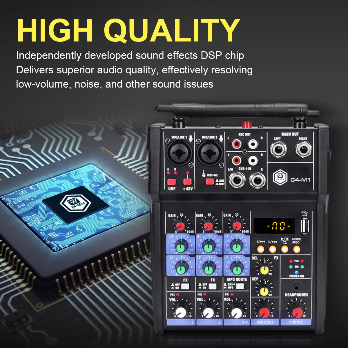 Winmix 4-Channel Audio Mixer Console with UHF Wireless Microphone Kit Bluetooth USB Audio Interface,for DJ Karaoke PC Guitar - THE JIMMY STORE