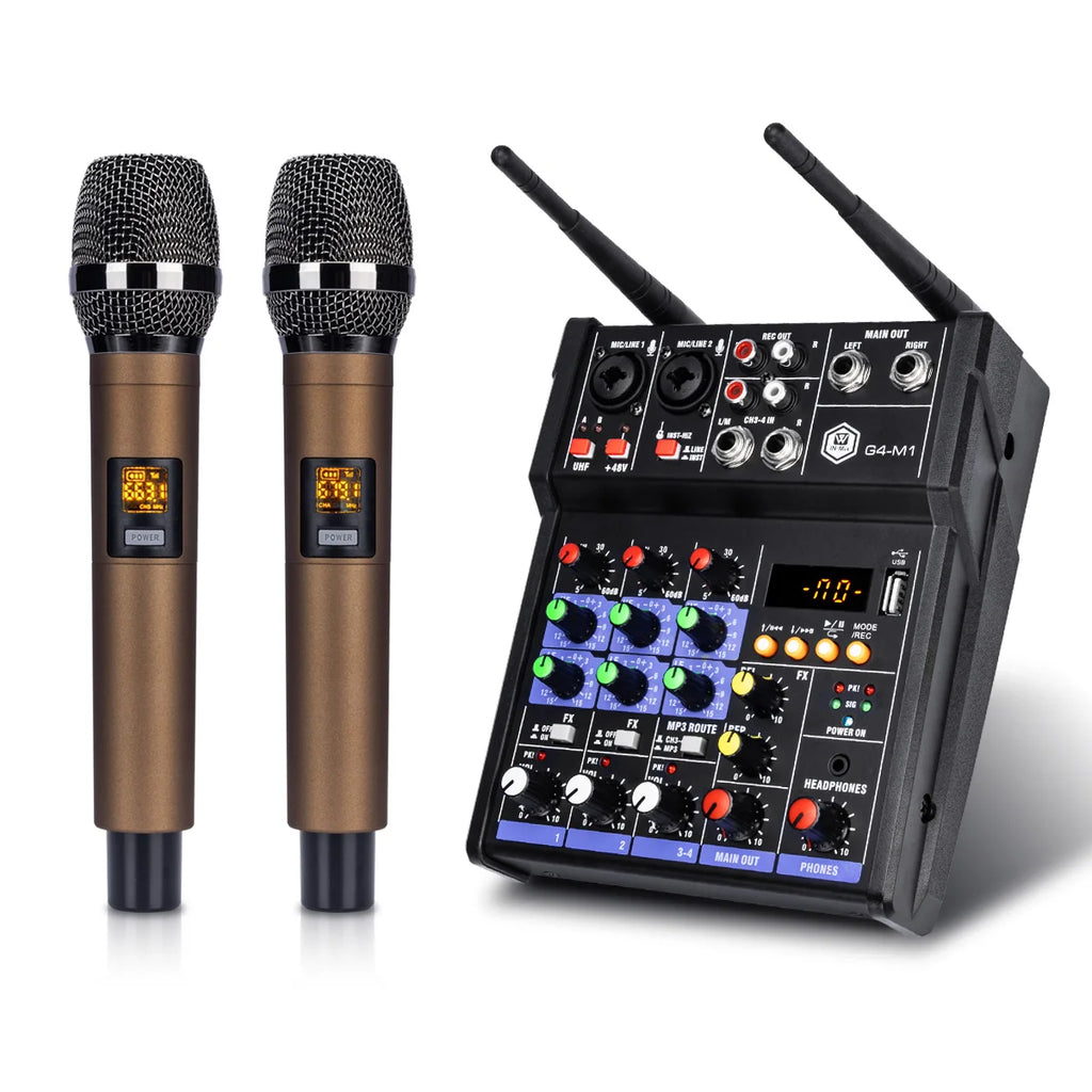 Winmix 4-Channel Audio Mixer Console with UHF Wireless Microphone Kit Bluetooth USB Audio Interface,for DJ Karaoke PC Guitar - THE JIMMY STORE