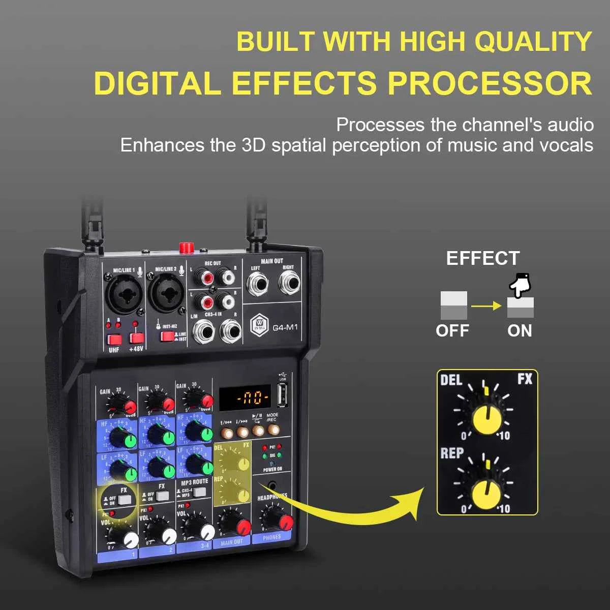 Winmix 4-Channel Audio Mixer Console with UHF Wireless Microphone Kit Bluetooth USB Audio Interface,for DJ Karaoke PC Guitar - THE JIMMY STORE