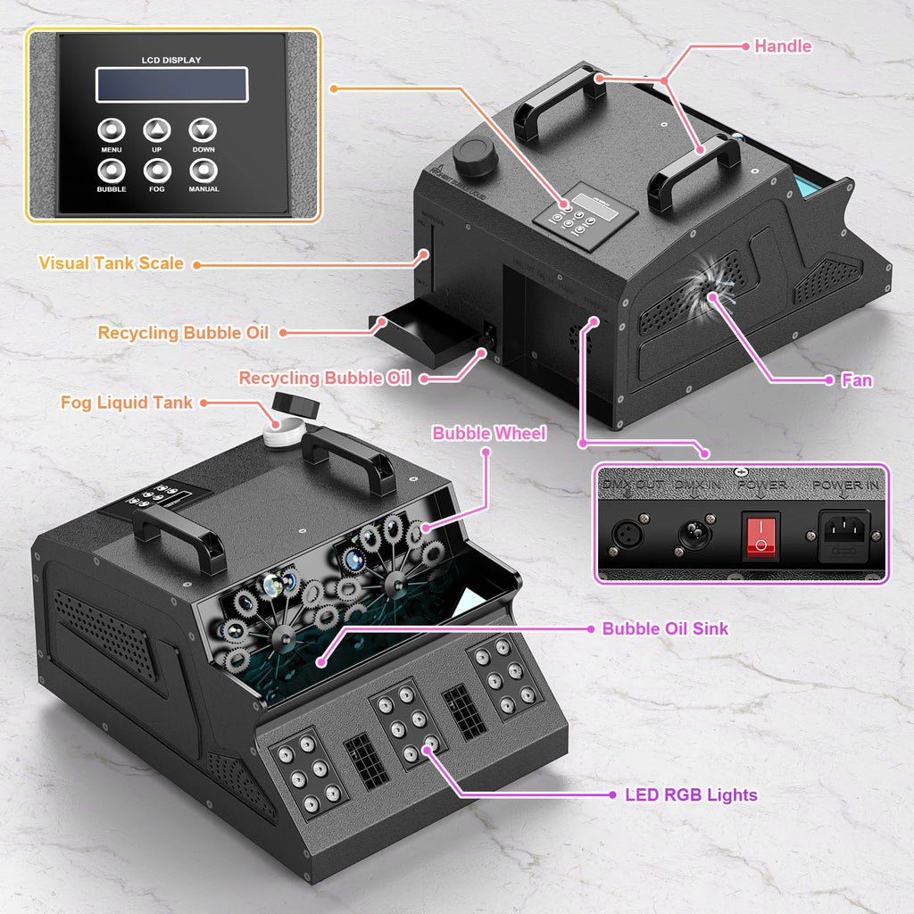 LeLeght 1500W Smoke Bubble Machine 3in1 RGB 18 LEDs Bubble Fog Machine DMX512 Remote Stage Effect Light For DJ Party Wedding - THE JIMMY STORE