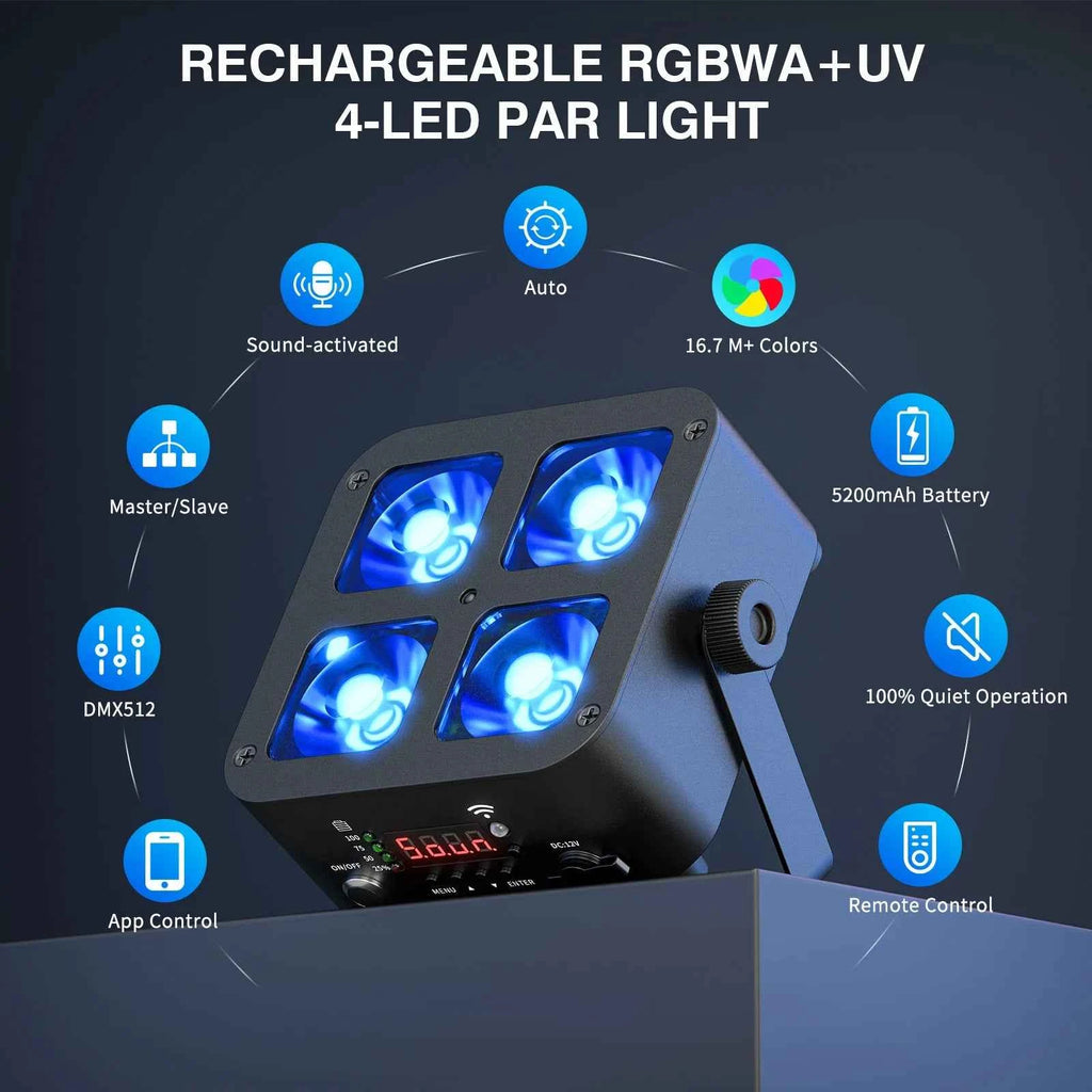 Leleght Mini Battery Powered Rechargeable Par Light 4X6W RGBWA UV Stage Light DMX512 LED Uplight For Festival Party Wedding - THE JIMMY STORE