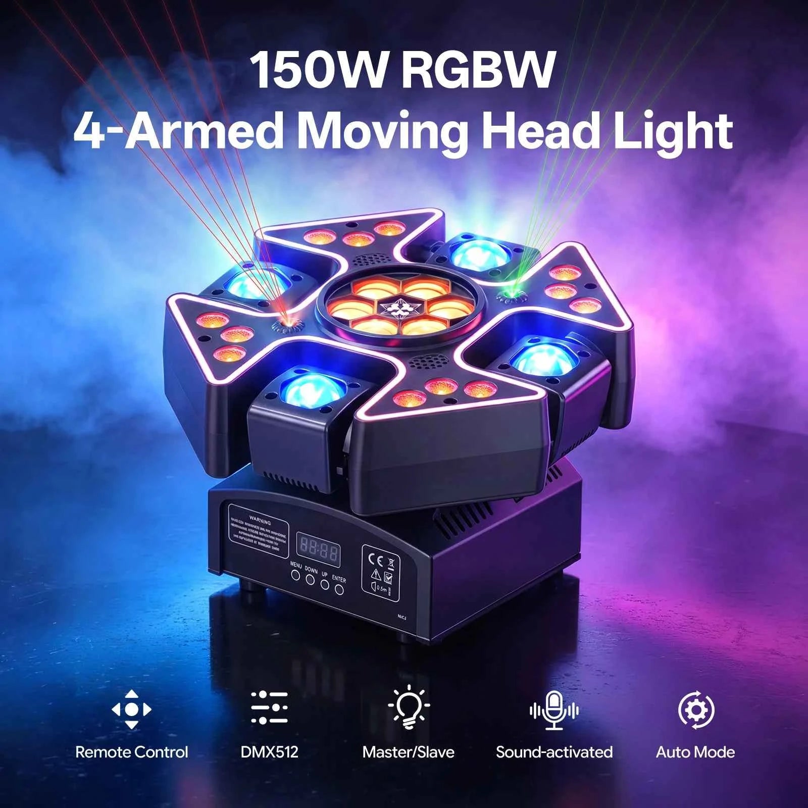 Gwong 150W 4-in-1 DJ Moving Head Light with RGBW Honeycomb Eye, 4-Arm Beam 5 Control Modes DMX512 for DJ Booths Parties KTV - THE JIMMY STORE