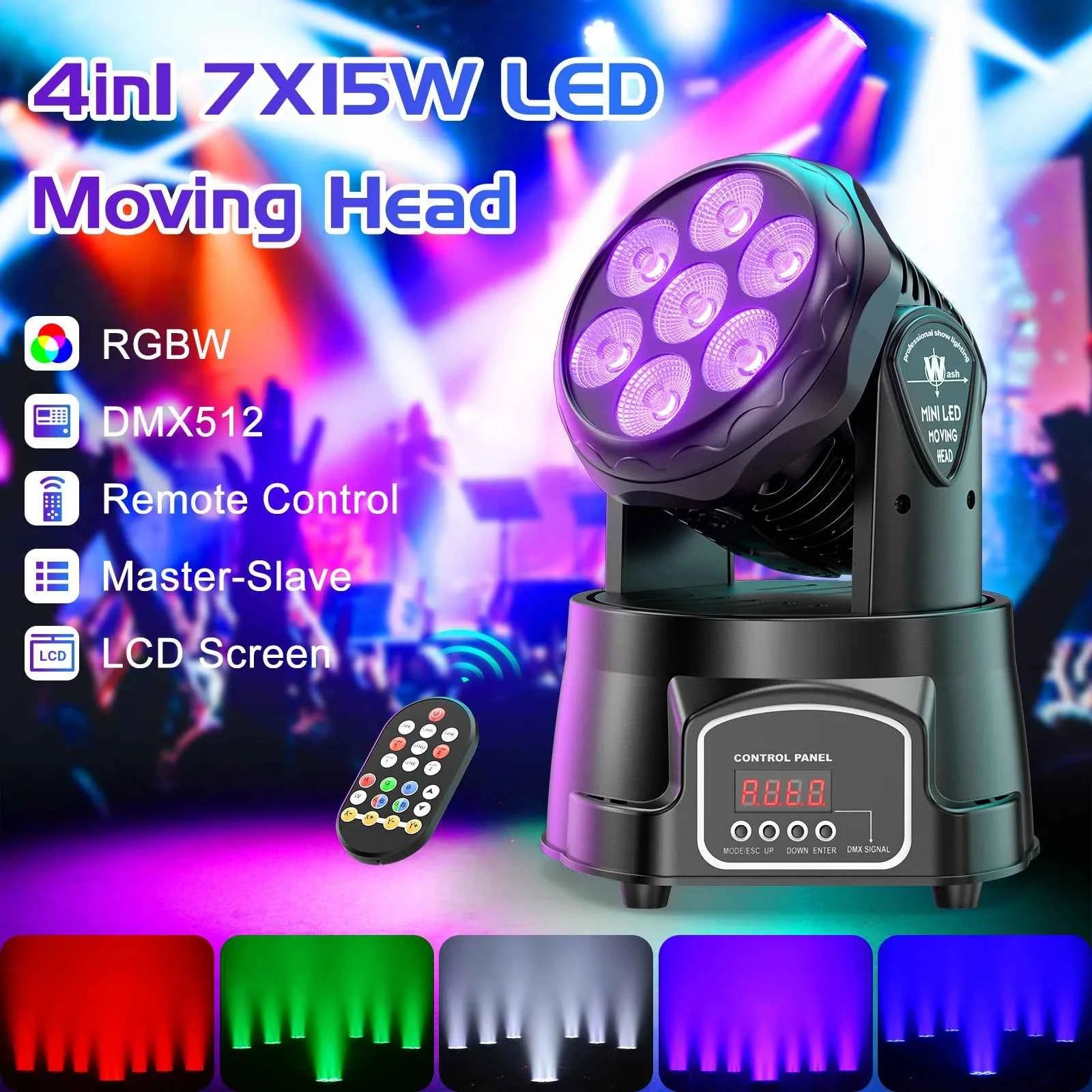 LeLeght 4Pcs 7x15W LED Moving Head Light 4 IN 1 RGBW DMX512 Professional Stage Effect Wash Light for DJ Party Music Dance Club - THE JIMMY STORE