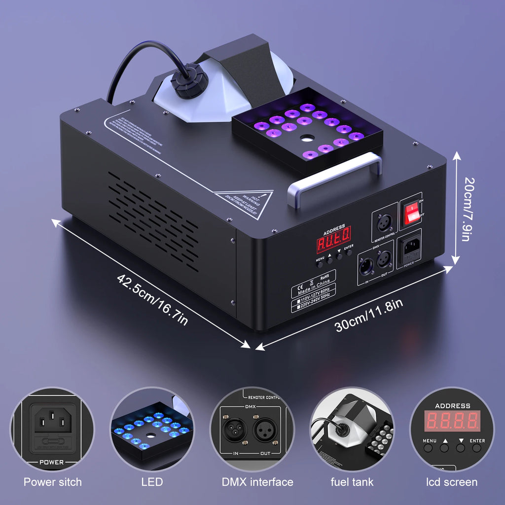 Gwong 2000W Fog Machine 3in1 RGB 24 LEDs Smoke Machine DMX512 Remote Stage Lighting Spray Fogger for DJ Disco Party Halloween Wedding - THE JIMMY STORE
