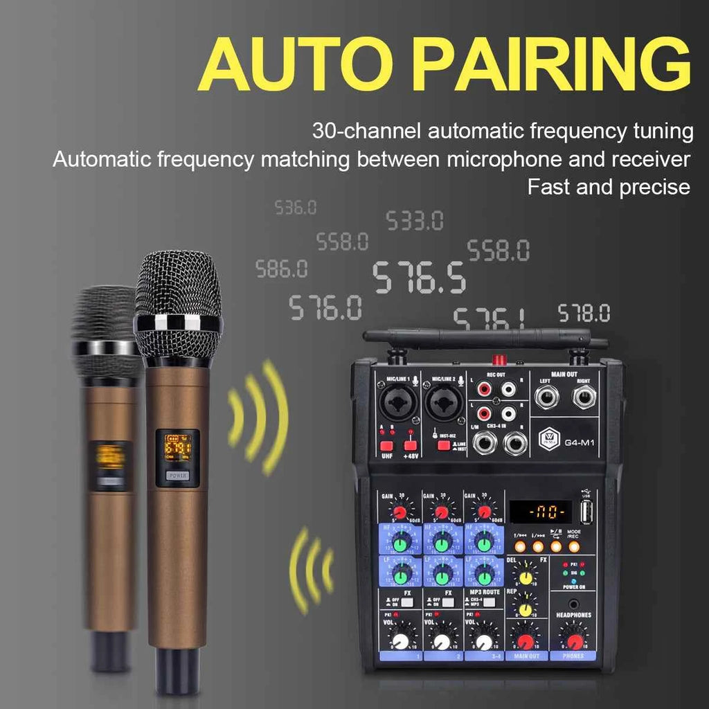 Winmix 4-Channel Audio Mixer Console with UHF Wireless Microphone Kit Bluetooth USB Audio Interface,for DJ Karaoke PC Guitar - THE JIMMY STORE