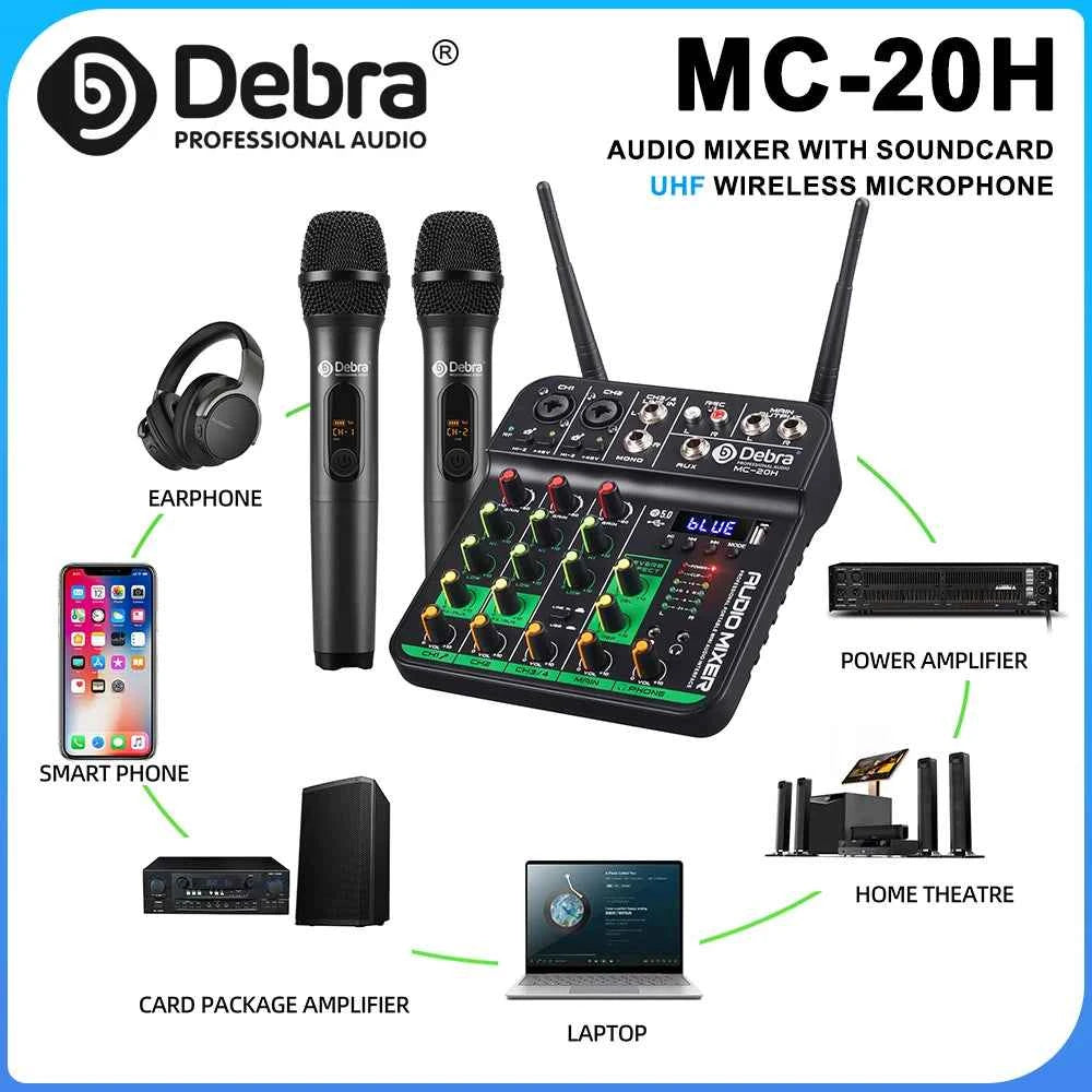 Debra DJ Console UHF Audio Mixer with SoundCard Wireless Mic 5V Bluetooth 5.0 for Karaoke, Live Performance - THE JIMMY STORE